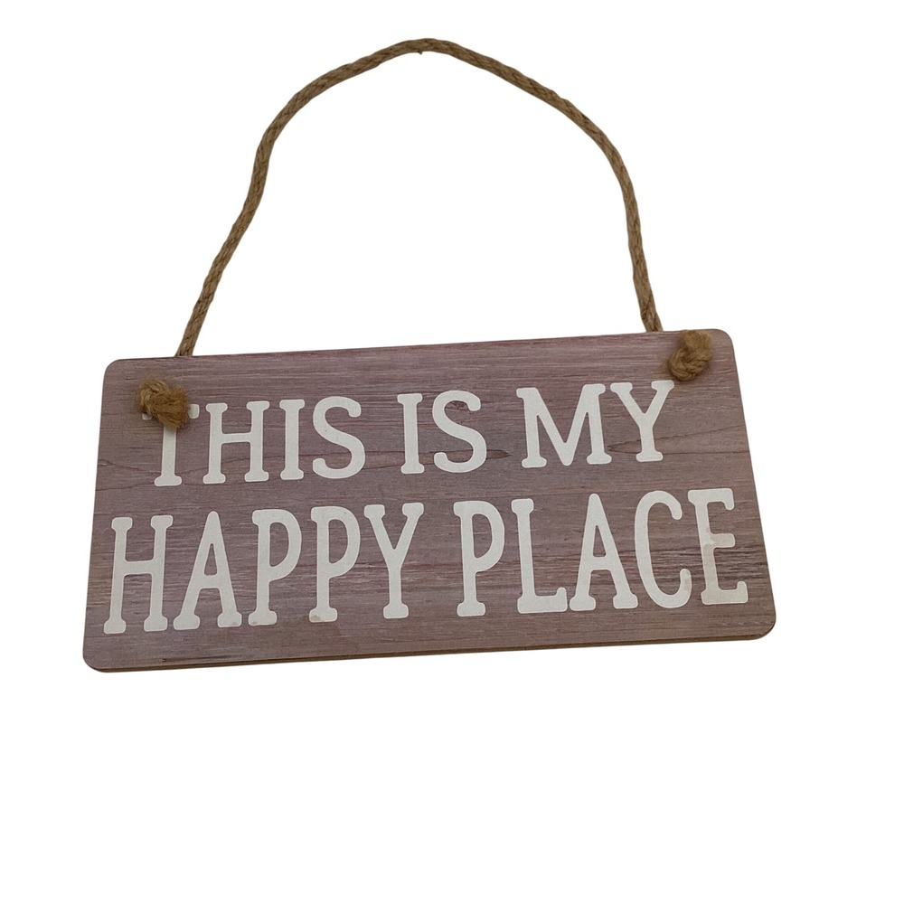 This Is My Happy Place Wooden Hanging Sign Wall Decor Rustic Jute Rope 10x5